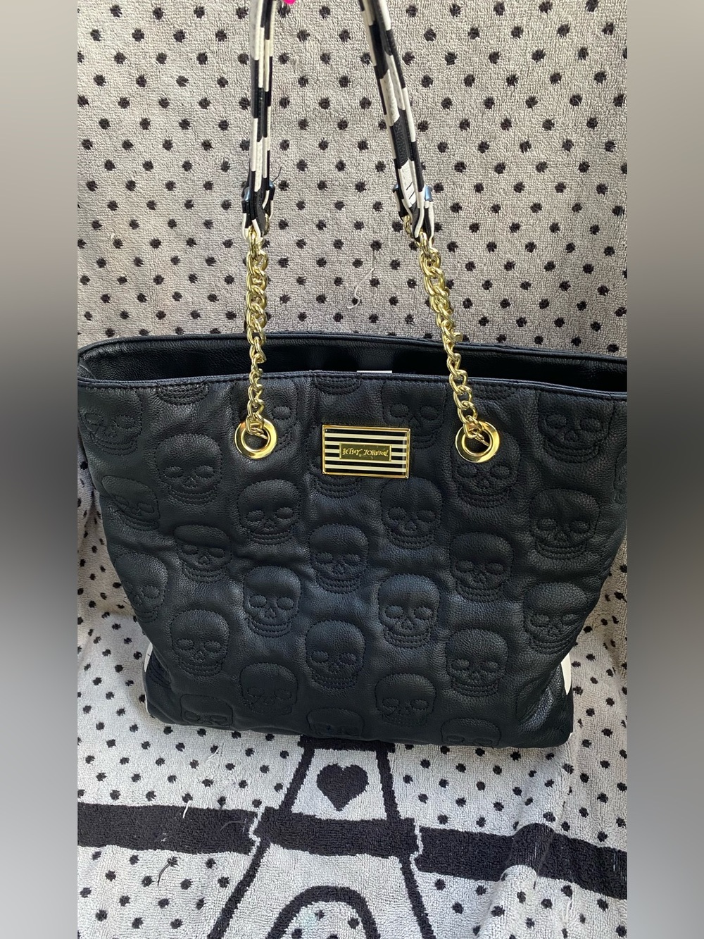 Betsey Johnson Black Skull-Embossed Tote with Gold Chain